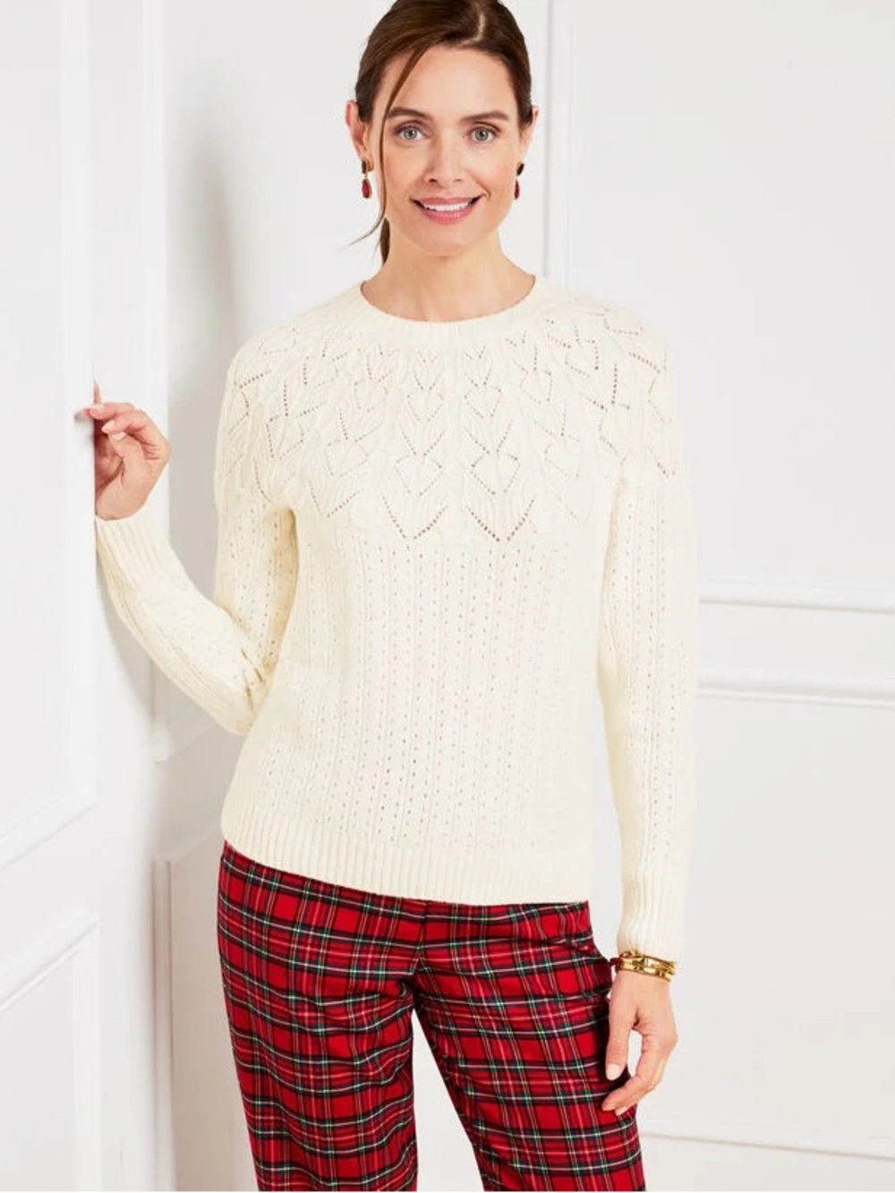 Talbots | NEW Ivory Pointelle Round Yoke Long Sleeve Sweater